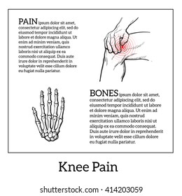 Painted knee pain. Discomfort in a joint leg. Symptoms of motor functions in humans.Template medical bulletins. Illustration of human hand bones. Vector sketch illustration legs. Hands hold the knee