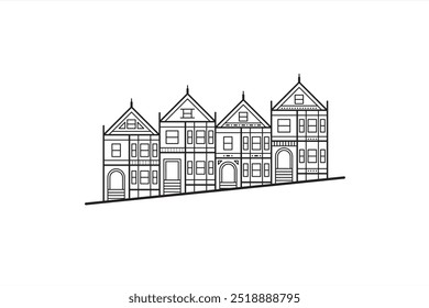 Painted ladies, famous Victorian row houses on Alamo Square in San Fransisco, California. Black line illustration.