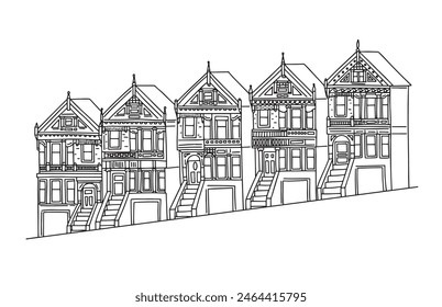 Painted Ladies of San Francisco Vector Illustration. USA Travel Destination Landmark.