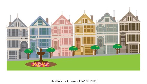 Painted Ladies Victorian and Edwardian row houses by Alamo Square in San Francisco California color vector Illustration