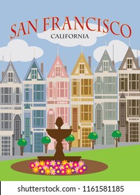 Painted Ladies Victorian and Edwardian row houses in San Francisco California Color Poster vector Illustration