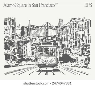 Painted Lady, Alamo Square in San Francisco. Hand drawn vector illustration, sketch.