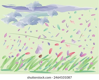 Pinté un paisaje de una colina azotada por el viento con pétalos de flores volando en el aire.