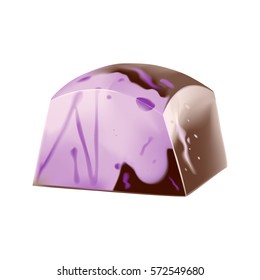 Painted lavender chocolate candy with pink splashes. Vector photorealistic 3d illustration. Isolated On White