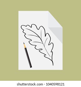 A painted leaf of oak on a piece of paper. Vector illustration. Flat design.