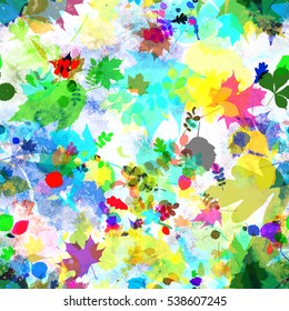 Painted leaves on light background. Colorful seamless texture. Bright abstract pattern.