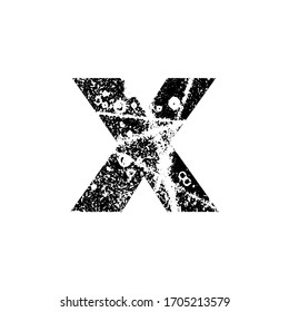 Painted letter X. Abstract handmade sans serif typeface. Distress textured font. Ink splatter surface trace. Vector stock illustration EPS 10. Isolated on white.