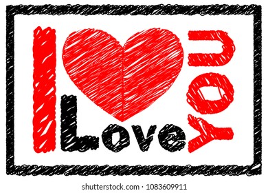 Painted letters are red and black I love you. Love - Vector illustration for print on T-shirts, posters. Heart icon.