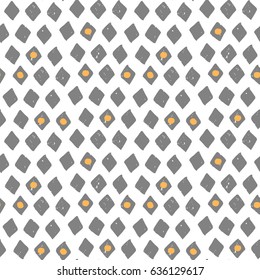 painted light gray, orange, graphic pattern of geometric shapes, diamonds, triangles, ovals, spots, circles with textures on a white background