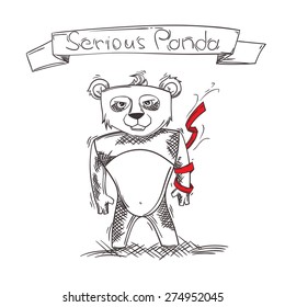 painted lines panda with a red ribbon on the hand on a white background