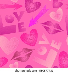 Painted love elements seamless pattern in pink and magenta colors. Hearts, cupid's arrow, lipstick kisses and love word on colorfil background.