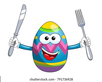 Painted mascot easter egg holding fork and knife isolated on white