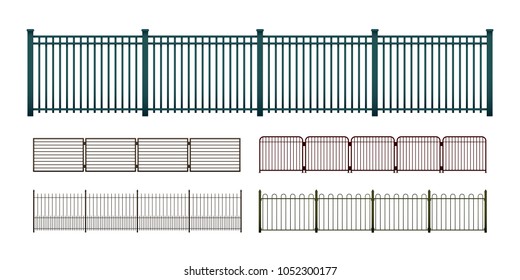 Painted metal fences isolated on white, vector set of various simple modular horizontally seamless fencing elements, a flat art illustration