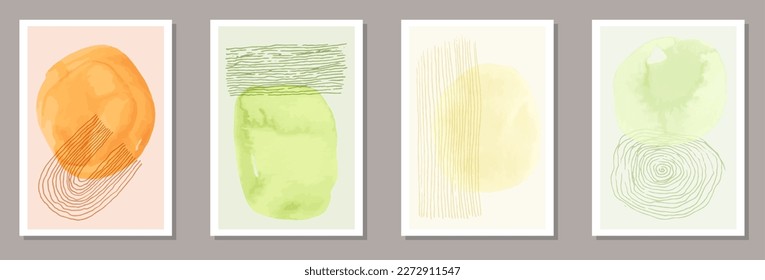 Painted minimal banners vector set. Watercolor blotches texture. Japanese style prints. Stylish wall poster layouts. Brush stroke elements.