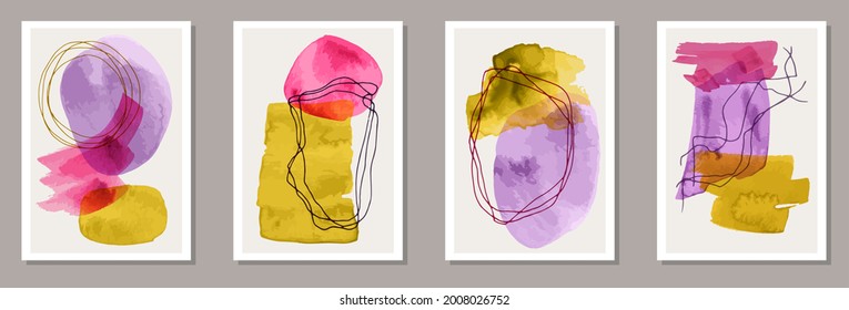 Anstrichene minimale Cover-Vektorgrafik. Die Aquarell-Hintergrundbilder werden geblockt. Design im Stil der 60er Jahre. Stilvolle Hausdekorationsvorlagen. Pinselstriche.