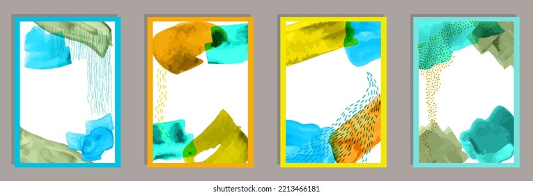 Painted minimal postcards vector collection. Watercolor smears patterns. Nordic style prints. Youth artistic cover layouts. Scribble elements.