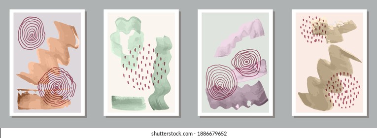 Painted minimal posters vector set. Watercolor stains patterns. Japanese style frames. Cool banner layouts. Doodle elements.