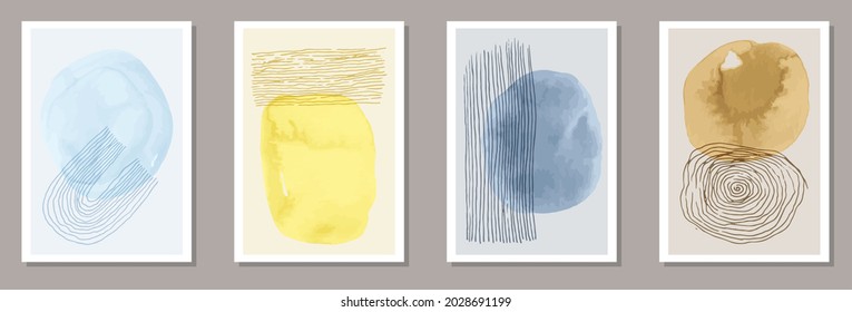 Painted minimal posters vector set. Watercolor splashes patterns. 50s style prints. Cool home decor layouts. Doodle elements.