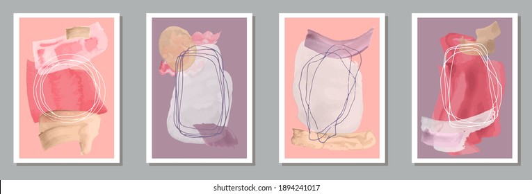 Farbige minimalistische Banner, Vektorset. Aquarellbläser sammeln sich. Design im Stil der 50er Jahre. Jugendkünstlerische Cover-Layouts. Doodle-Elemente.