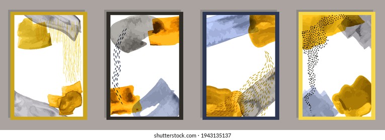 Painted minimalist banners vector set. Watercolor stains shapes. Nordic style prints. Cool house decor layouts. Doodle elements.