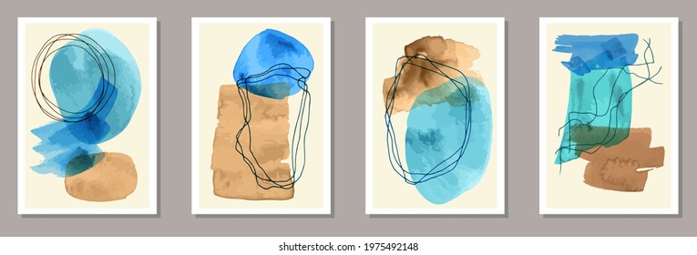 Painted minimalist banners vector set. Watercolor smudges texture. Japanese style frames. Youth office poster layouts. Scribble elements.