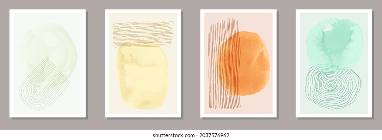 Painted minimalist banners vector set. Watercolor spots texture. Scandinavian style design. Cool office poster layouts. Brush stroke elements.