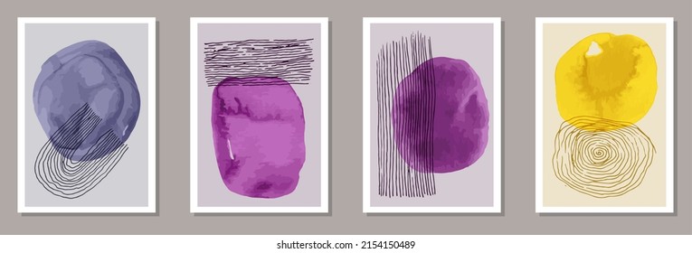 Juego de vectores de banners minimalistas pintados. Acuarela mancha fondo. marcos de estilo japonés. Elegantes plantillas de afiches de oficina. Elementos Doodle.