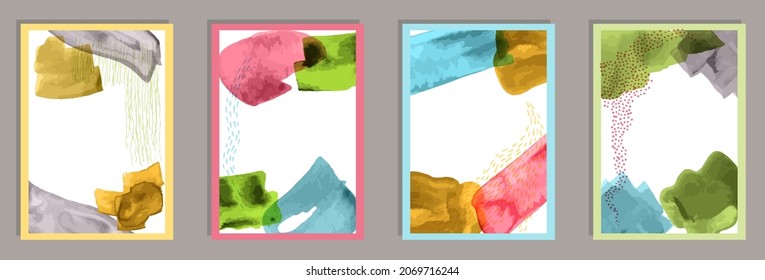 Painted minimalist canvas vector set. Watercolor smudges shapes. 20s style prints. Stylish wall poster templates. Brush stroke elements.