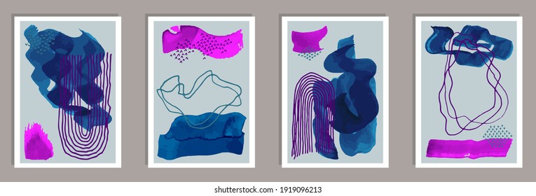 Cubiertas minimalistas pintadas conjunto vectorial. La acuarela mancha la textura. Diseño de estilo escandinavo. Plantillas de decoración de casa para jóvenes. Elementos Doodle.