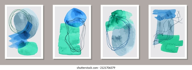 Painted minimalist covers vector set. Watercolor splashes backgrounds. Scandinavian style frames. Cool artwork layouts. Scribble elements.