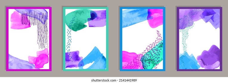 Painted minimalist postcards vector set. Watercolor stains patterns. 60s style design. Youth wall poster templates. Brush stroke elements.