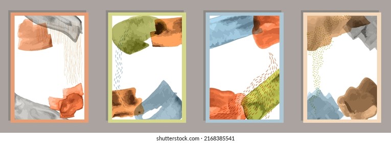 Painted minimalist postcards vector set. Watercolor stains shapes. Chinese style design. Cool home decor layouts. Doodle elements.