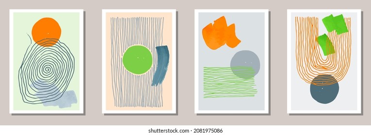 Painted minimalist posters vector collection. Watercolor blotches backgrounds. Chinese style frames. Youth banner templates. Brush stroke elements.