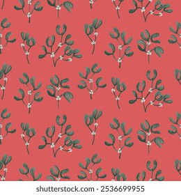 Erros pintados formando um belo padrão na paleta de cor de Natal de verde sábio, verde floresta e esbranquiçado no fundo vermelho coral. Um padrão vetorial contínuo. Ótimo para decoração, tecido, presente