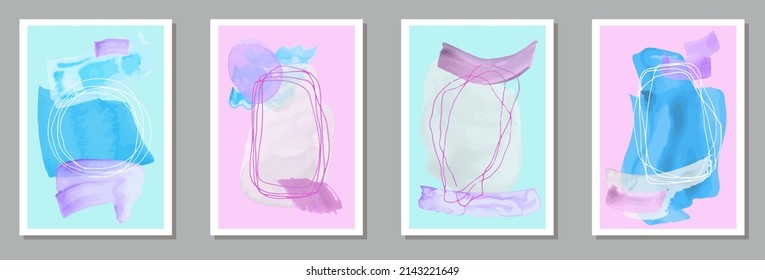 Painted modern banners vector set. Watercolor blotches backgrounds. 60s style frames. Cool office poster templates. Brush stroke elements.