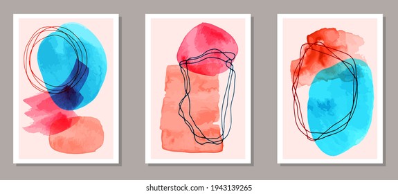 Painted modern canvas vector set. Watercolor spots backgrounds. Japanese style frames. Youth artwork layouts. Doodle elements.