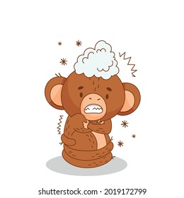 The painted monkey is shivering from the cold. Frost. Snow. Drawn ape. Vector illustration