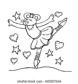 The painted mouse by hand dances in a pack of ballet. A cute animal for coloring book with hearts and asterisks. A black white figure.