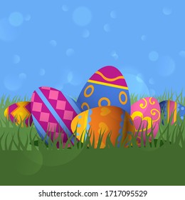 Painted multi-colored easter egg vector illustration. There festive products in grass, bright pictures with different prints on eggshell. Spring holiday celebration cartoon attributes.