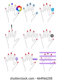 painted nails, shellac, gel lak, hand. flat icons set