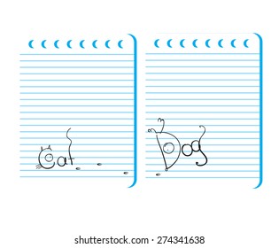 Painted in a notebook dog goes on the trail of  cat.