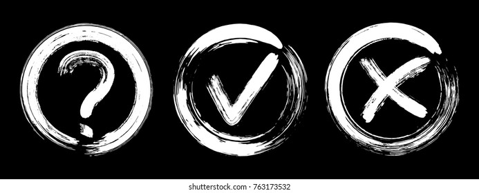 Painted OK and X symbol approval icons, question sign in checkbox. Tick and cross check marks design, approve and reject vector icons, survey, quiz, test choice options, checkmark signs illustration.
