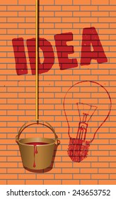 Painted on a brick wall written idea and painted lamp. Vector illustration.