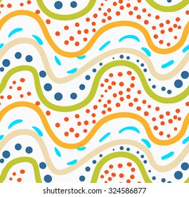 Painted orange and green waves with red and blue dots.Hand drawn with paint brush seamless background. Abstract colorful texture. Modern irregular tillable design.