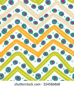 Painted orange and green zigzag with blue dots.Hand drawn with paint brush seamless background. Abstract colorful texture. Modern irregular tillable design.