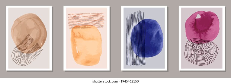Painted original canvas vector set. Watercolor smears backgrounds. 60s style design. Stylish office poster layouts. Brush stroke elements.