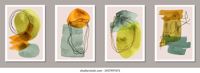 Cubiertas originales pintadas de colección vectorial. Fondo de manchas acuáticas. marcos de estilo japonés. Excelentes plantillas de afiches de oficina. Elementos resquebrajadores.
