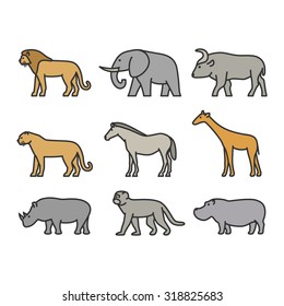 Painted outline figures of African animals. Vector figures icon set. Vector lion, cheetah, leopard, elephant, buffalo, giraffe, zebra, rhino, monkey and hippo