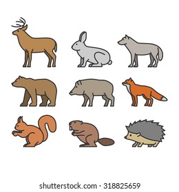 Painted outline figures of forest animals. Vector figures icon set. Vector deer, rabbit, wolf, bear, boar, fox, squirrel, beaver and hedgehog