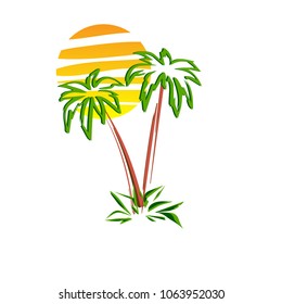 painted palm trees sun isolated on white background